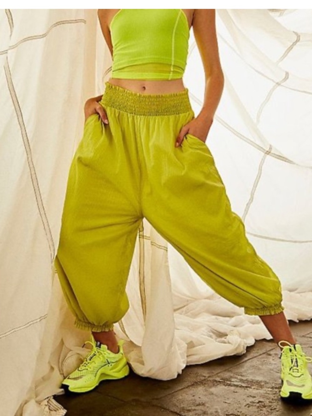FP Movement by Free People My Way Sashay Lime Green Smocked-Waist Size M